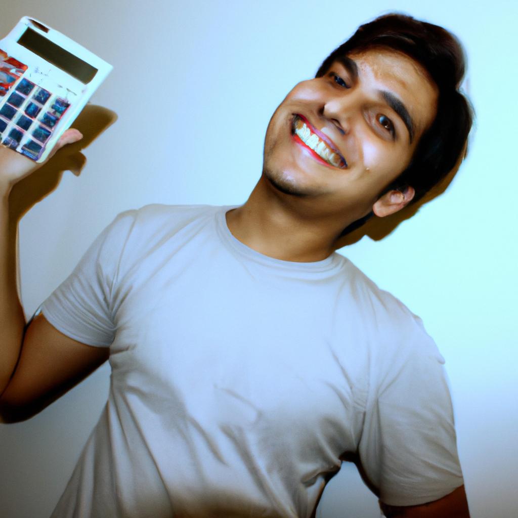 Person holding a calculator, smiling