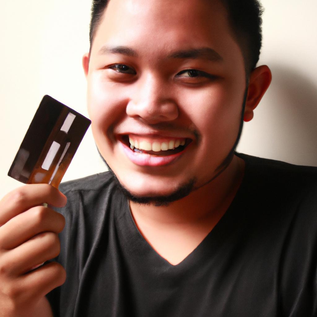 Person holding credit card, smiling