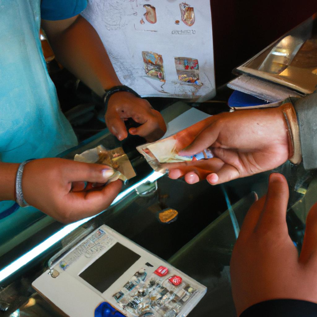 Person exchanging currency at counter